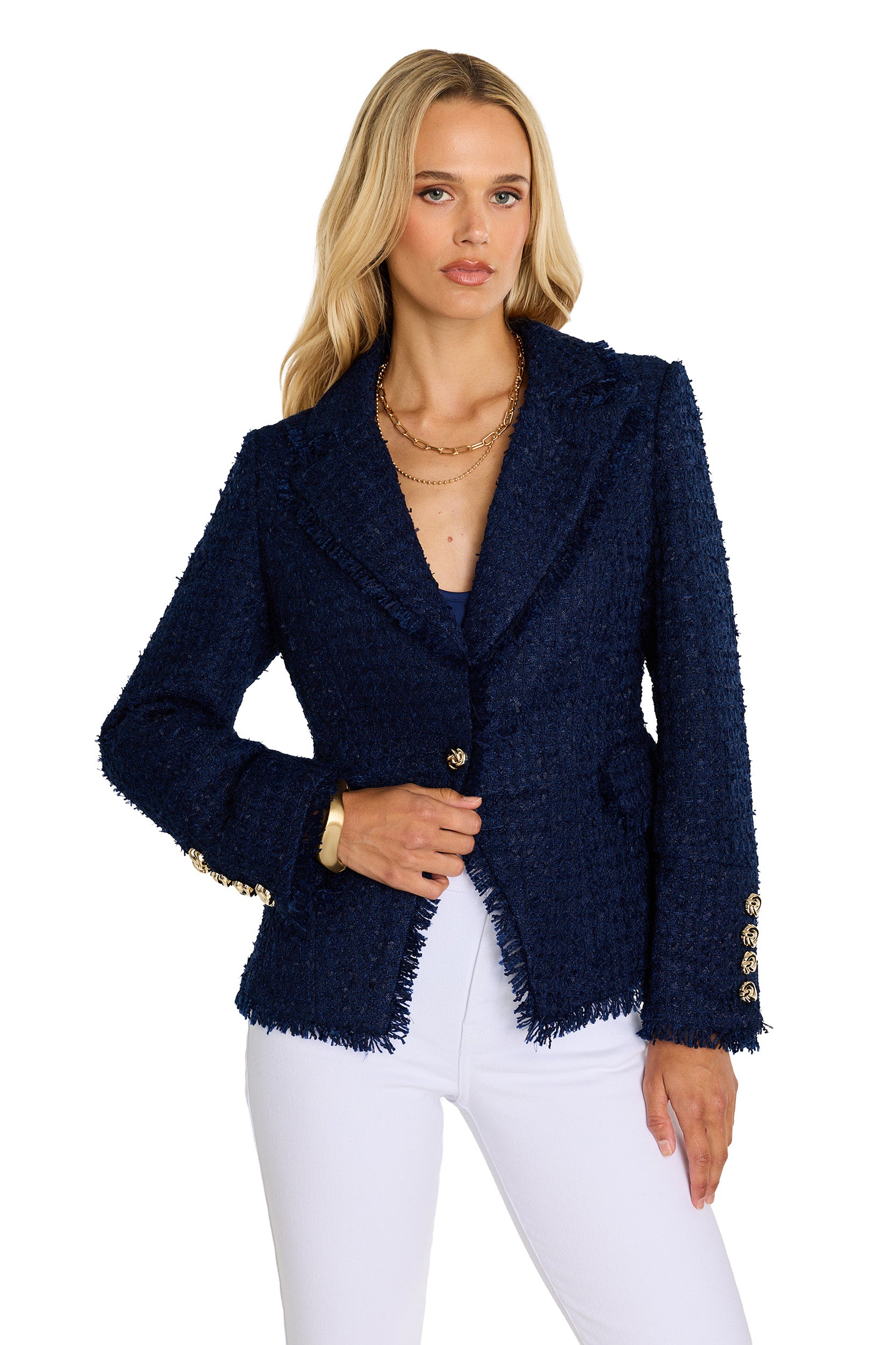 【新品タグ付】elu.Aurora blouse 2Way tweed navy Giselle Single Breasted Tweed Blazer - Navy – The Noli Shop