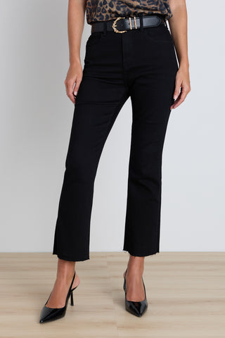 The Nicolette Cropped Jean in black, high-rise cropped bootcut denim with a raw frayed hem