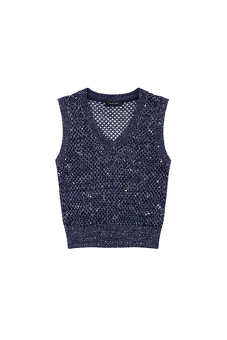 The Addison Sequin Crochet Top in navy is a sleeveless, V-neck vest with sequin accents and a ribbed hem, perfect for resort wear, shown on a plain white background.