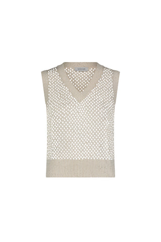 The Addison Sequin Crochet Top in Pearl is a sleeveless knit vest with a V-neck and open-weave, mesh-like pattern. Solid ribbed knit finishes the hem, collar, and armholes. Shown on a plain white background.