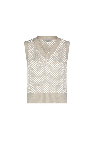 The Addison Sequin Crochet Top in Pearl is a sleeveless knit vest with a V-neck and open-weave, mesh-like pattern. Solid ribbed knit finishes the hem, collar, and armholes. Shown on a plain white background.