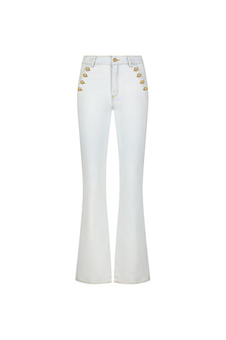The Allegra Bootcut Jean - Cloud features a light wash, high waist, gold buttons on the front pockets, and a flared bootcut style for vintage flair. Shown on a white background.