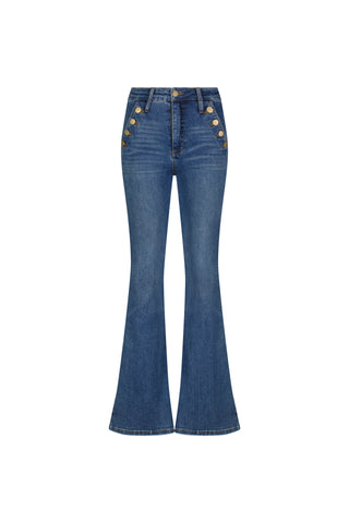 The Allegra Bootcut Jean in medium blue features a high waist, flared legs, and decorative gold buttons on the front pockets for a vintage-inspired look and flattering fit, shown against a white background.