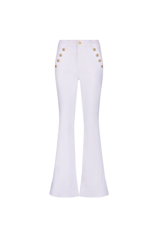 Allegra Bootcut Jean - White: High-waisted flared pants with gold buttons in two parallel rows on the front, offering vintage style, shown on a plain white background.