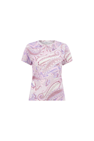 The Amaya Ultra-Soft T-Shirt - Pastel Paisley is a short-sleeve, slim-fit women’s tee in light pink with a purple and lavender paisley design, shown on a plain white background.