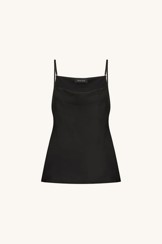 Amelie Silk Camisole in Black flat lay, black satin cowl neck camisole on a cream background