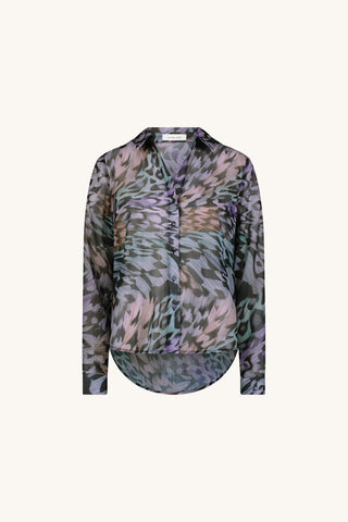 Ana Chiffon Blouse in Abstract Butterfly flat lay showing the butterfly wing print in lilac, dusty blue, seafoam and mocha on black, The Noli Shop