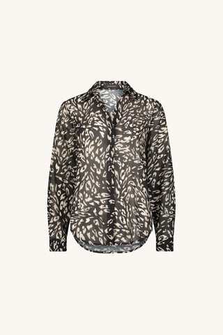 Ana Chiffon Blouse in Black/White Leopard, flat lay. Black and white leopard print chiffon blouse with trim collar, self-covered buttons and button sleeves.