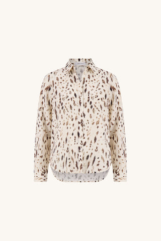 Ana Crepe Blouse in Lynx, flat lay. Cream button-front crepe blouse with espresso and taupe lynx print, shirt collar and long sleeves, The Noli Shop