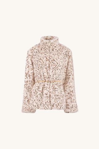 Antonia Belted Fur Jacket in Lynx flat lay, cream faux fur with espresso lynx spots, stand collar and belt, The Noli Shop