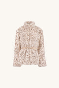 Antonia Belted Fur Jacket in Lynx flat lay, cream faux fur with espresso lynx spots, stand collar and belt, The Noli Shop