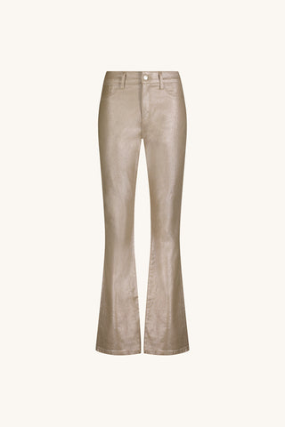 Flat lay of the Aria Coated Flare Jean in Champagne with soft gold shimmer