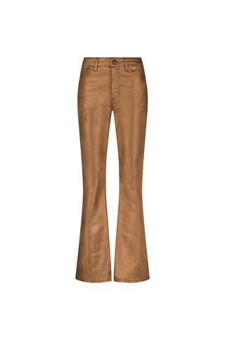 Gold Metallic Aria Coated Flare Jean with a high-rise fit, slim bootcut silhouette, front pockets, belt loops, and button closure, shown on a white background.