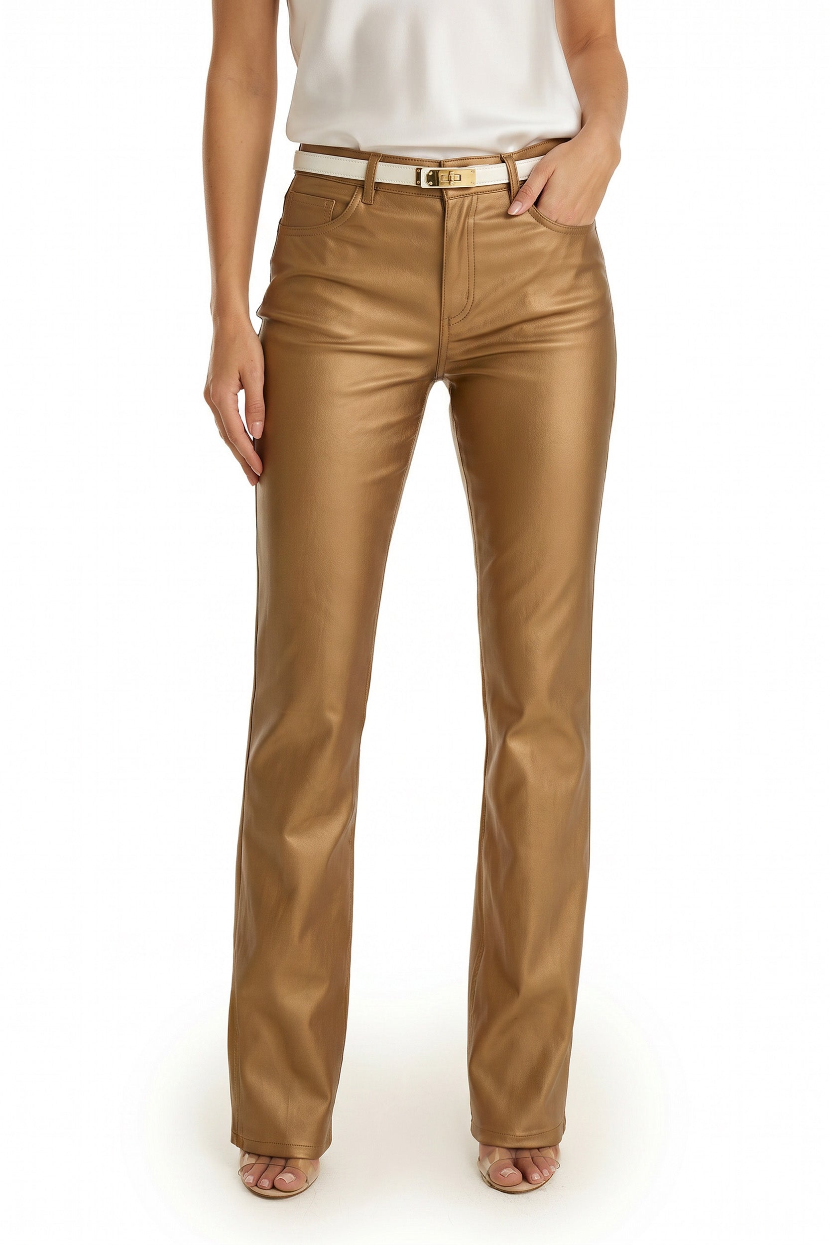 Gold Metallic Coated Flare Jeans for Women | The Noli Shop
