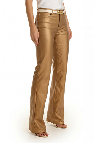 A person models the Aria Coated Flare Jean in Gold Metallic, styled high-waisted with a matching belt and open-toe shoes, standing against a white background.