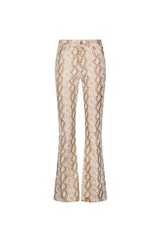 The Aria Coated Flare Jean in Gold Python features a beige and white snakeskin pattern, slim bootcut silhouette, and button-zip closure, shown on a plain white background.