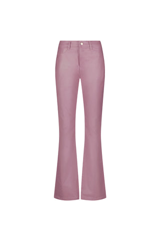 Aria Coated Flare Jean - Mauve: High-waisted mauve jeans with a slim bootcut silhouette, front pockets, and button closure, shown on a plain white background.