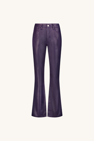 Aria Coated Flare Jean in Midnight Plum flat lay showing the deep plum coated denim
