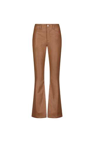 The Aria Coated Flare Jean - Mocha features a high-waisted, flared design in brown with front pockets, belt loops, and a button closure. Displayed on a white background.