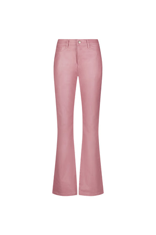 The Aria Coated Flare Jean in Paradise Pink features a high-rise fit and slim bootcut silhouette.