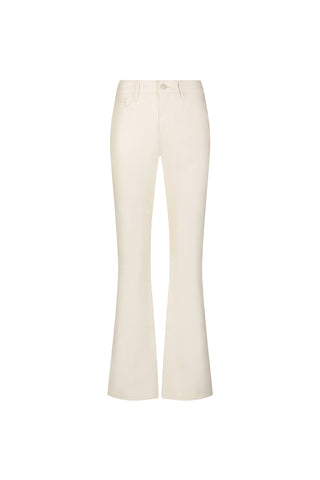 Aria Coated Flare Jean - Vanilla: high-rise, slim bootcut flare with front pockets and button-zip closure, shown on a white background.