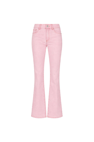 The Aria Flare Jean - Blush features light pink, high-waisted bootcut style with front/back pockets, belt loops, and button-zip closure. Made from four-way stretch denim. Displayed on a white background.