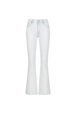 The Aria Flare Jean - Cloud features a light blue, high-rise fit in four-way stretch denim with front and back pockets, belt loops, and button-zip closure, shown on a plain white background.