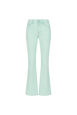 The Aria Flare Jean - Mint is a high-rise, light mint green bootcut denim with four-way stretch, front and back pockets, and a button-zipper closure, shown on a white background.