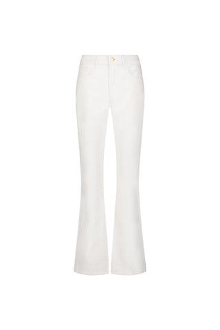 The Aria Flare Jean - White features a mid-rise waist, slim bootcut leg, classic five-pocket style, four-way stretch fabric, and a single gold button closure, shown on a plain white background.