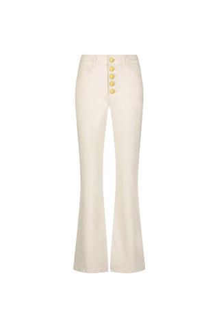 The Aubrey Bootcut Jean - Ivory features a high waist, bootcut style, and five visible gold buttons on the front, displayed against a plain white background.