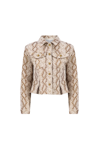 The Bethanie Denim Jacket - Gold Python features a beige and brown metallic snake print, long sleeves, a collar, front buttons, and two chest pockets, displayed on a white background.