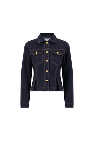The Bethanie Denim Jacket - Indigo features long sleeves, a collar, peplum hem, gold front button closure, and two chest flap pockets. Shown against a white background.