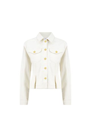 The Bethanie Denim Jacket - Ivory features long sleeves, gold buttons, and two chest pockets, shown against a plain white background.