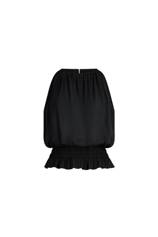 The Betsy Halter Top - Black features a gathered elastic waistband and loose, billowy silhouette for an elevated summer look, shown on a plain white background.