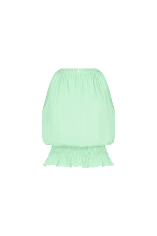 The Betsy Halter Top in mint features an off-shoulder design, puffed sleeves, and a fitted ruffled hem—perfect for summer style. Shown against a white background.