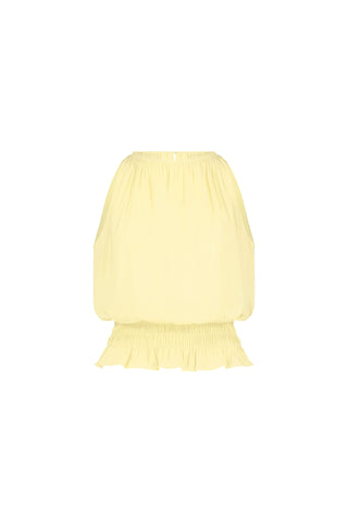 The Betsy Halter Top in sunshine yellow features a light, loose fit with an elasticized neckline and waist, ruffled hem, and off-the-shoulder style—a feminine summer blouse perfect for warm days.