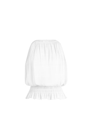The Betsy Halter Top - White is a sleeveless, off-shoulder blouse with a loose fit, elastic gathered neckline, and ruffled hem—ideal for summer. Shown against a plain white background.