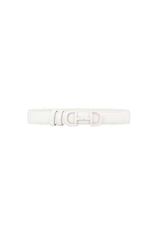 The Bettie Belt - Blanc is a white faux leather belt with a matching horsebit buckle featuring two interlocking "C" shapes, shown against a plain white background.