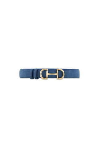 The Bettie Belt - Denim features a blue denim strap and a gold double-D horsebit buckle, shown against a white background.