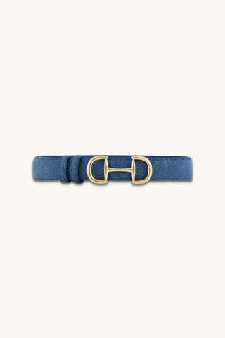 Bettie Belt in Denim, denim-tone pebbled belt with gold horsebit buckle, The Noli Shop