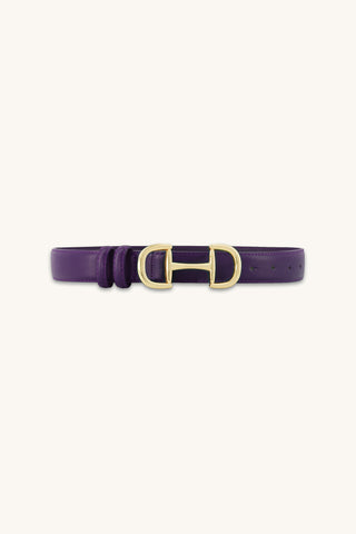 Bettie Belt in Midnight Plum, deep plum pebbled belt with gold horsebit buckle, The Noli Shop