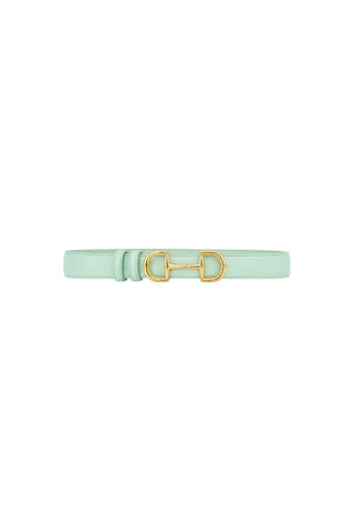 The Bettie Belt - Mint is a light mint green pebbled faux leather belt with a gold-tone horsebit buckle of two interlocking D-shaped loops, shown on a plain white background.