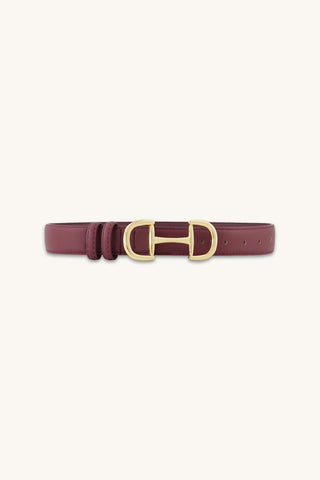 Bettie Belt in Mulberry, berry pebbled belt with gold horsebit buckle, The Noli Shop