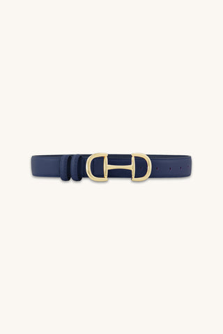 Bettie Belt in Navy, navy pebbled belt with gold horsebit buckle, The Noli Shop