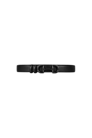 The Bettie Belt - Noir is crafted from sleek black faux leather and features a stylish silver double-ring horsebit buckle, shown against a white background.