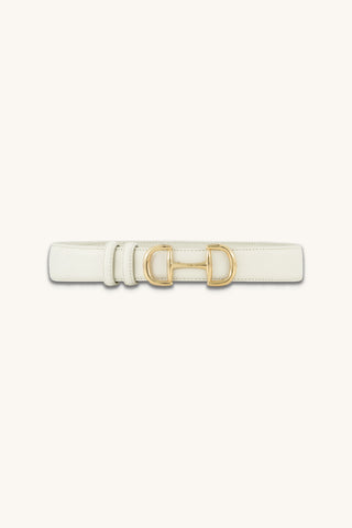Bettie Belt in Pearl, ivory pebbled belt with gold horsebit buckle, The Noli Shop