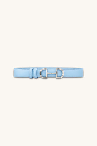 Bettie Belt in Sky Blue, light blue pebbled belt with gold horsebit buckle, The Noli Shop
