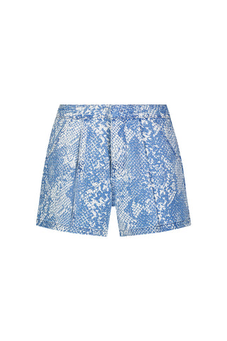 The Beverly Pleated Short - Crystal Snake features a blue and white high-waisted snake print with a pleated front, shown on a plain white background.