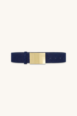 Bianca Belt in Dark Wash, denim belt with rectangular gold buckle, The Noli Shop
