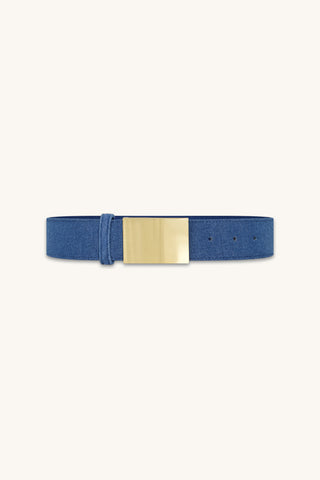 Bianca Belt in Medium Blue, denim belt with rectangular gold buckle, The Noli Shop